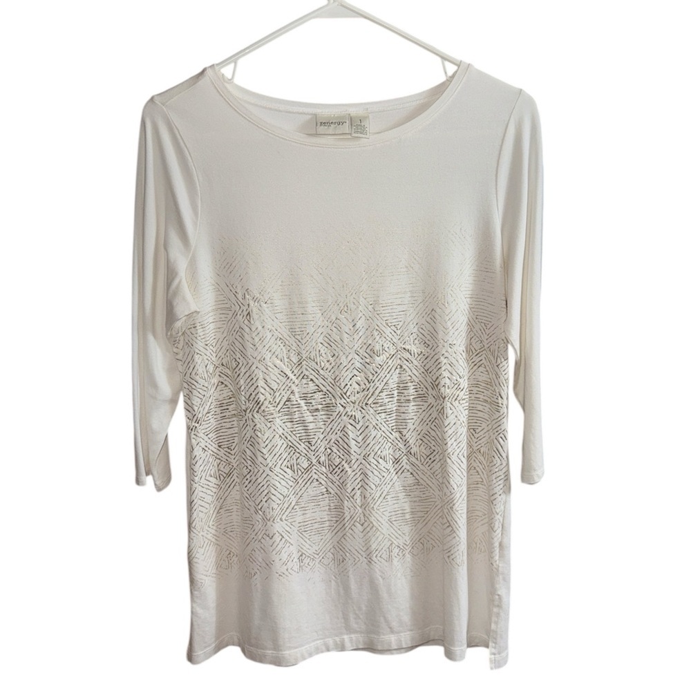 Chico's White & Gold Geometric Foil Print Top - Size 1 (M)- Cotton Modal Blend